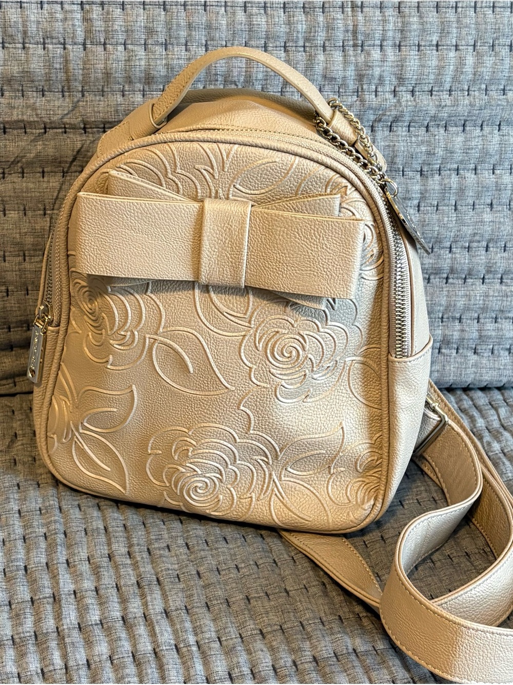Betsey Johnson light Gray Floral Embossed Bow Backpack